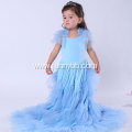 Long Layered Ruffle Blue Jersey Dress for Girls